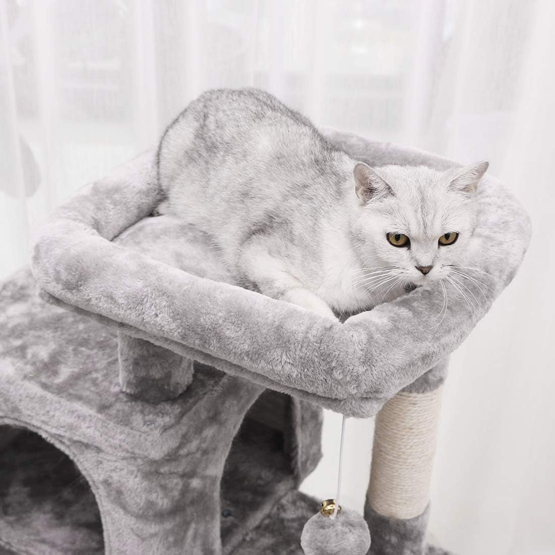 Cat Tree Condo with Sisal Scratching Posts, Scratching Board, Plush Perch and Dual Houses, Cat Tower Furniture Kitty Activity Center Kitten Play House, Light Grey MMJ10G