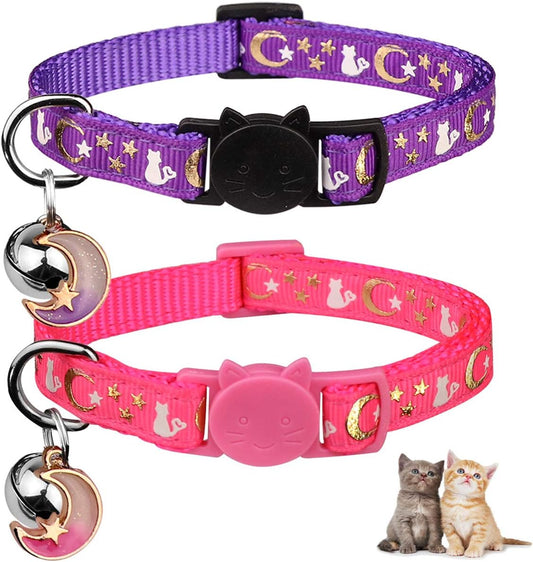 2PCS Breakaway Cat Collars with Bell Moons Stars Cute Kitty Adjustable Safe Kitten Collars with Pendant Glow in the Dark(Purple&Pink)