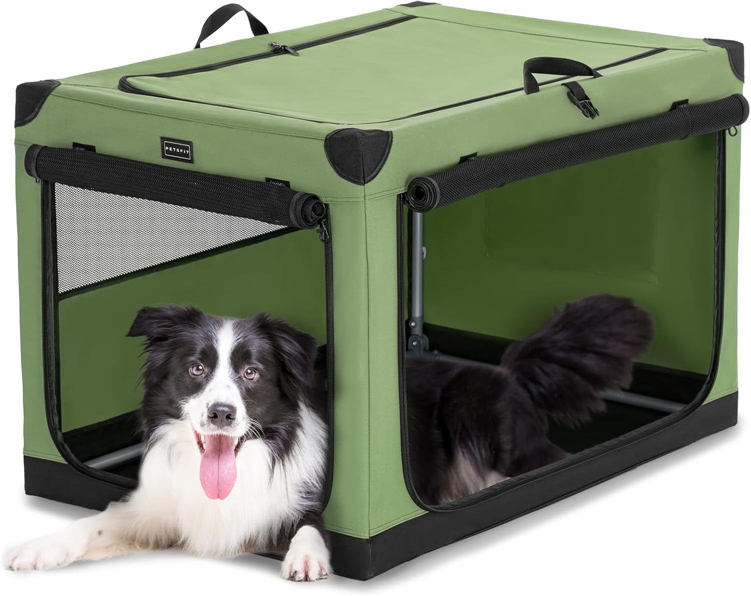 Soft Dog Crate, Dog Travel Crate - 36 Inch Lightweight, Easy Setup, Sturdy Portable Dog Crate, Adjustable Framework with 3 Mesh Door, Soft Sided Collapsible Dog Kennel Green