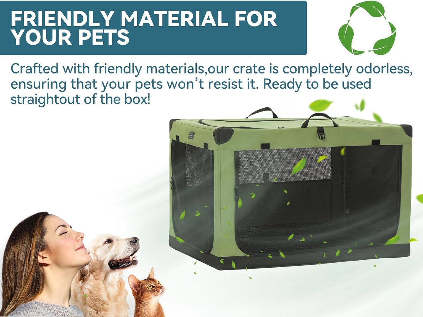 Soft Dog Crate, Dog Travel Crate - 36 Inch Lightweight, Easy Setup, Sturdy Portable Dog Crate, Adjustable Framework with 3 Mesh Door, Soft Sided Collapsible Dog Kennel Green