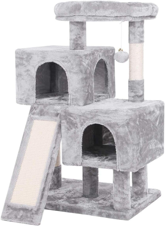 Cat Tree Condo with Sisal Scratching Posts, Scratching Board, Plush Perch and Dual Houses, Cat Tower Furniture Kitty Activity Center Kitten Play House, Light Grey MMJ10G