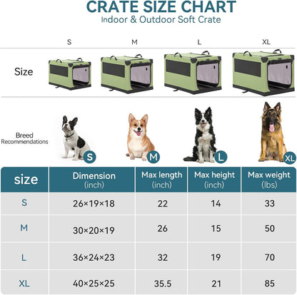 Soft Dog Crate, Dog Travel Crate - 36 Inch Lightweight, Easy Setup, Sturdy Portable Dog Crate, Adjustable Framework with 3 Mesh Door, Soft Sided Collapsible Dog Kennel Green