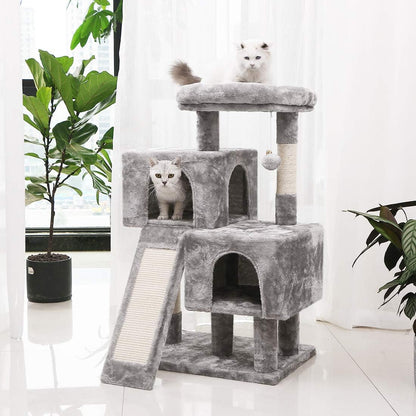 Cat Tree Condo with Sisal Scratching Posts, Scratching Board, Plush Perch and Dual Houses, Cat Tower Furniture Kitty Activity Center Kitten Play House, Light Grey MMJ10G