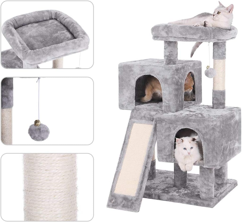 Cat Tree Condo with Sisal Scratching Posts, Scratching Board, Plush Perch and Dual Houses, Cat Tower Furniture Kitty Activity Center Kitten Play House, Light Grey MMJ10G