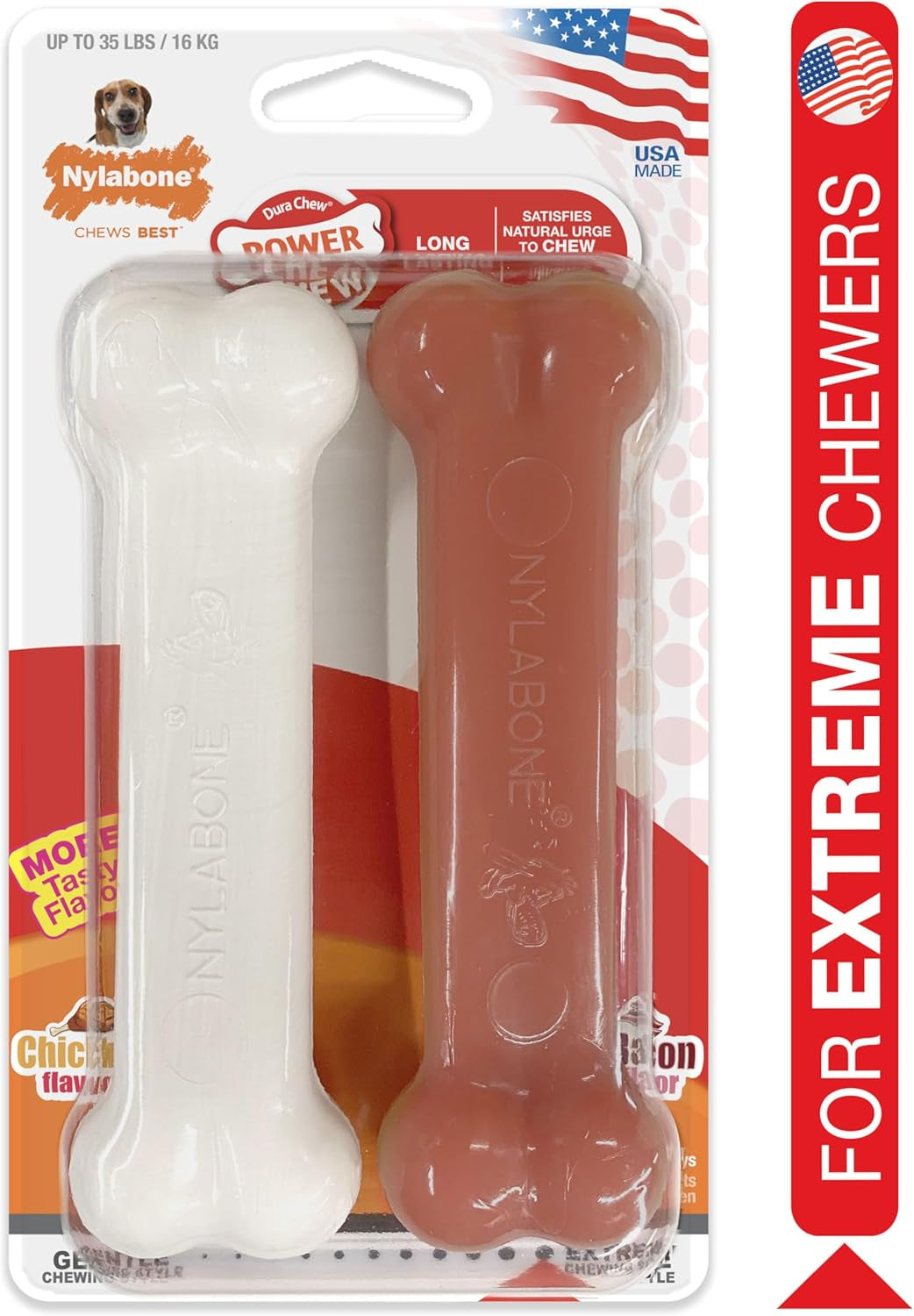 Original Bone Power Chew Toy for Dogs, Durable Dog Toys for Aggressive Chewers, Basted Blast Bacon & Chicken Flavor, Medium - up to 35 Lbs, 2 Pack