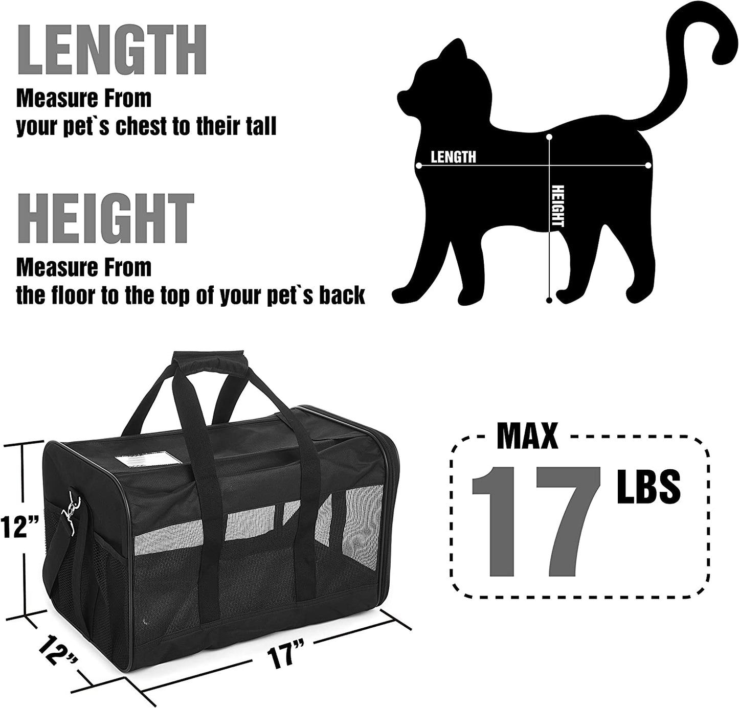 Pet Travel Carrier Soft Sided Portable Bag for Cats, Small Dogs, Kittens or Puppies 17 Lbs Max, Collapsible, Durable, Airline Approved, Travel Friendly (Medium)