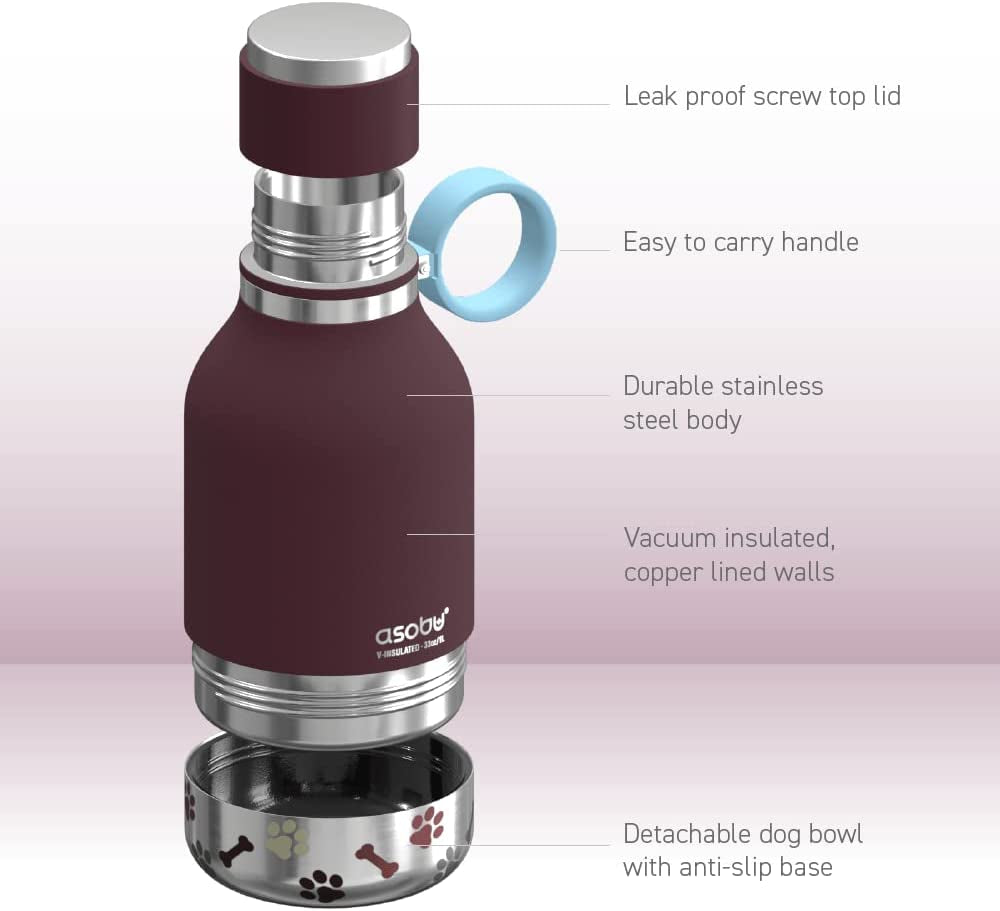 Dog Bowl Attached to Stainless Steel Insulated Travel Bottle for Human 33 Ounce (Burgundy)