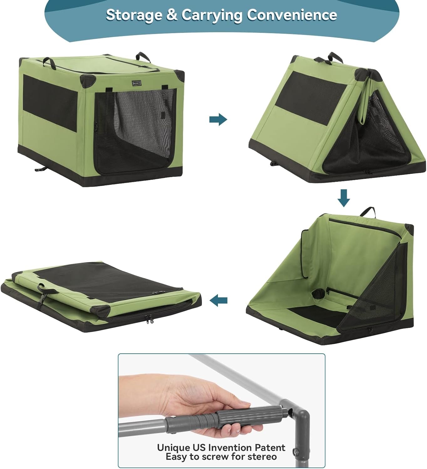 Soft Dog Crate, Dog Travel Crate - 36 Inch Lightweight, Easy Setup, Sturdy Portable Dog Crate, Adjustable Framework with 3 Mesh Door, Soft Sided Collapsible Dog Kennel Green