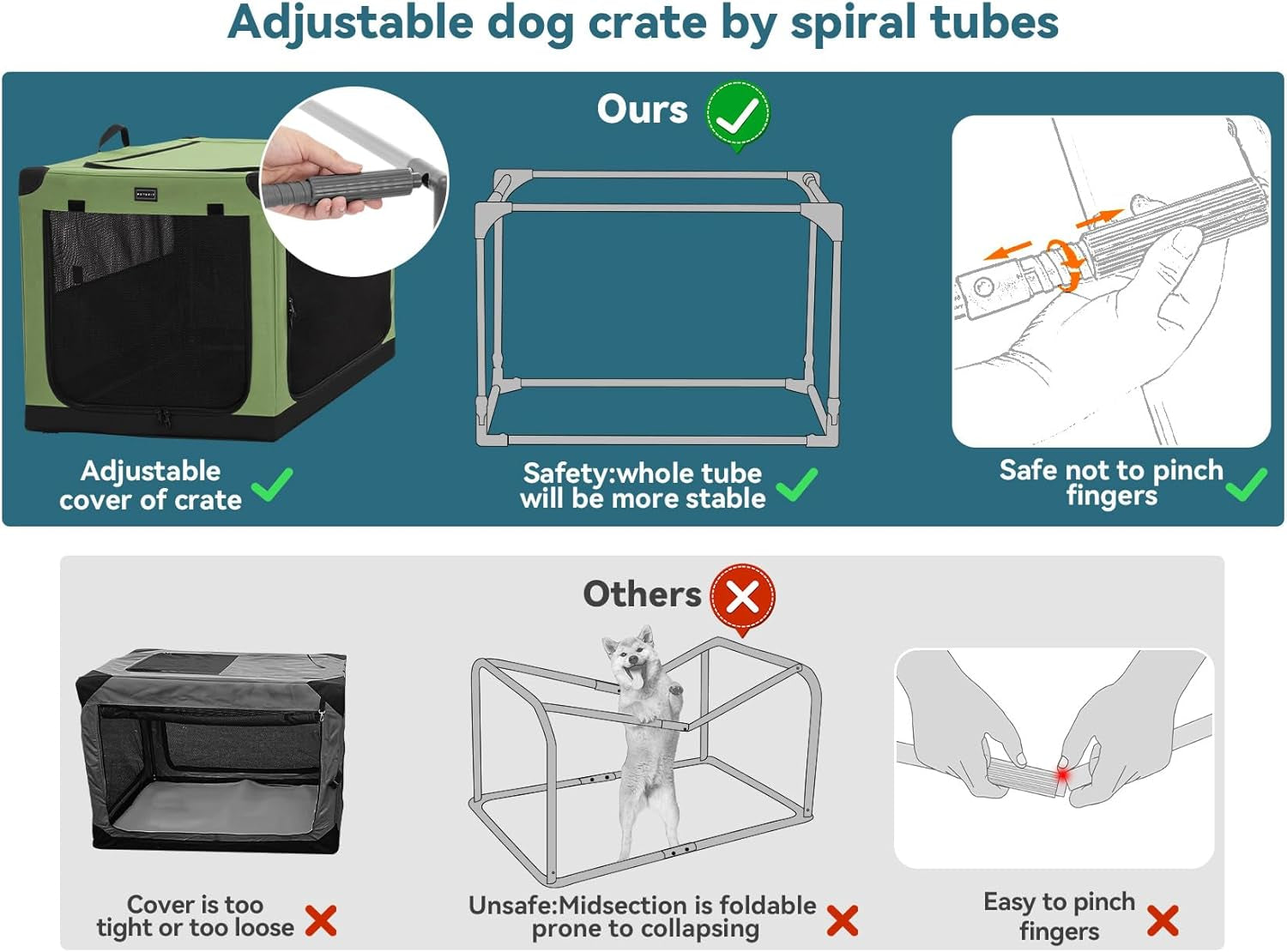 Soft Dog Crate, Dog Travel Crate - 36 Inch Lightweight, Easy Setup, Sturdy Portable Dog Crate, Adjustable Framework with 3 Mesh Door, Soft Sided Collapsible Dog Kennel Green